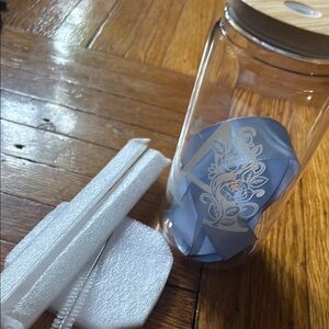 Letter A Glass Water Bottle with Blue Floral Design
